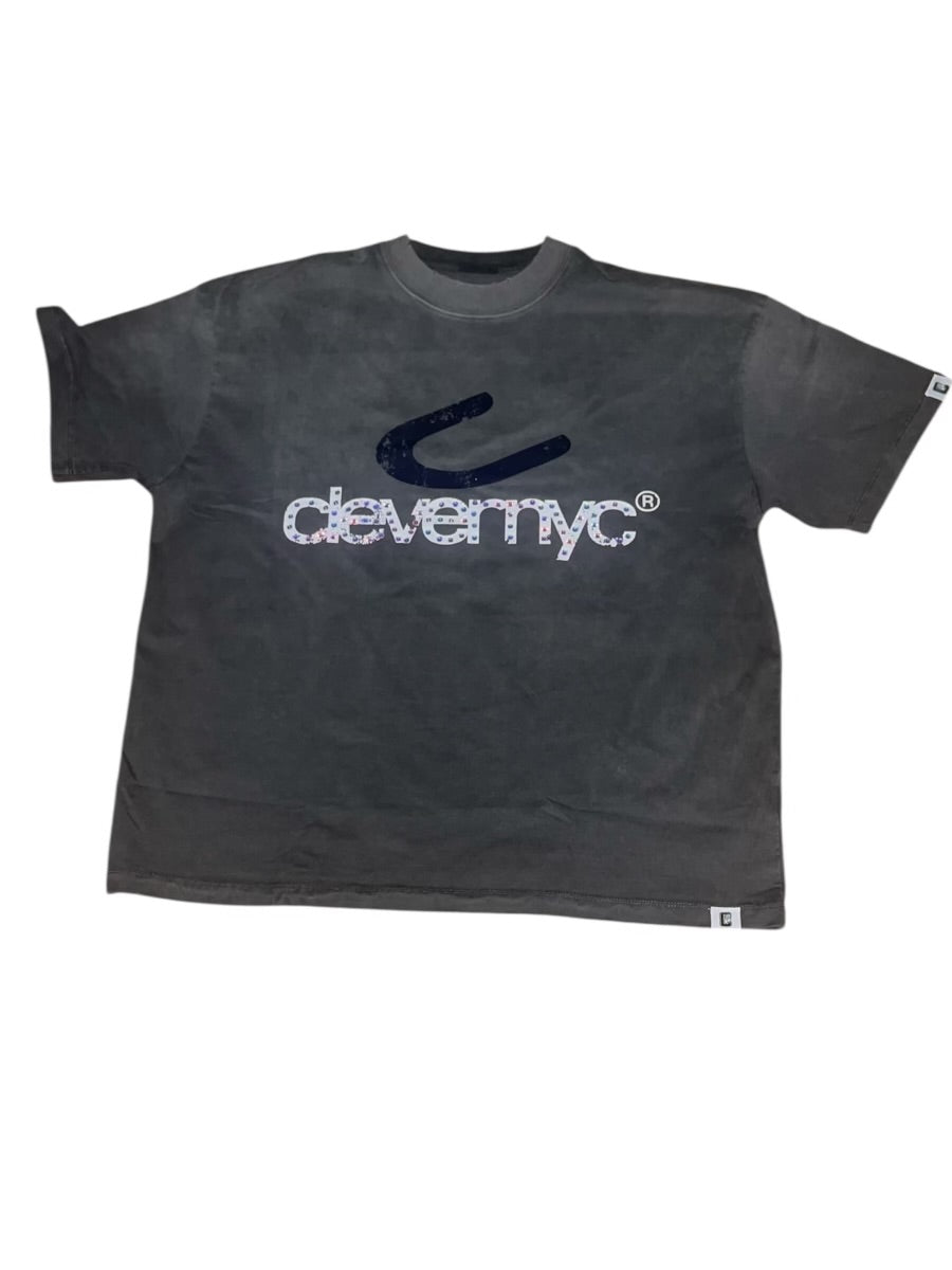 CLEVER NYC VINTAGE WASH LOGO T SHIRT - Storm Gray/Navy Rhinestone Embellished